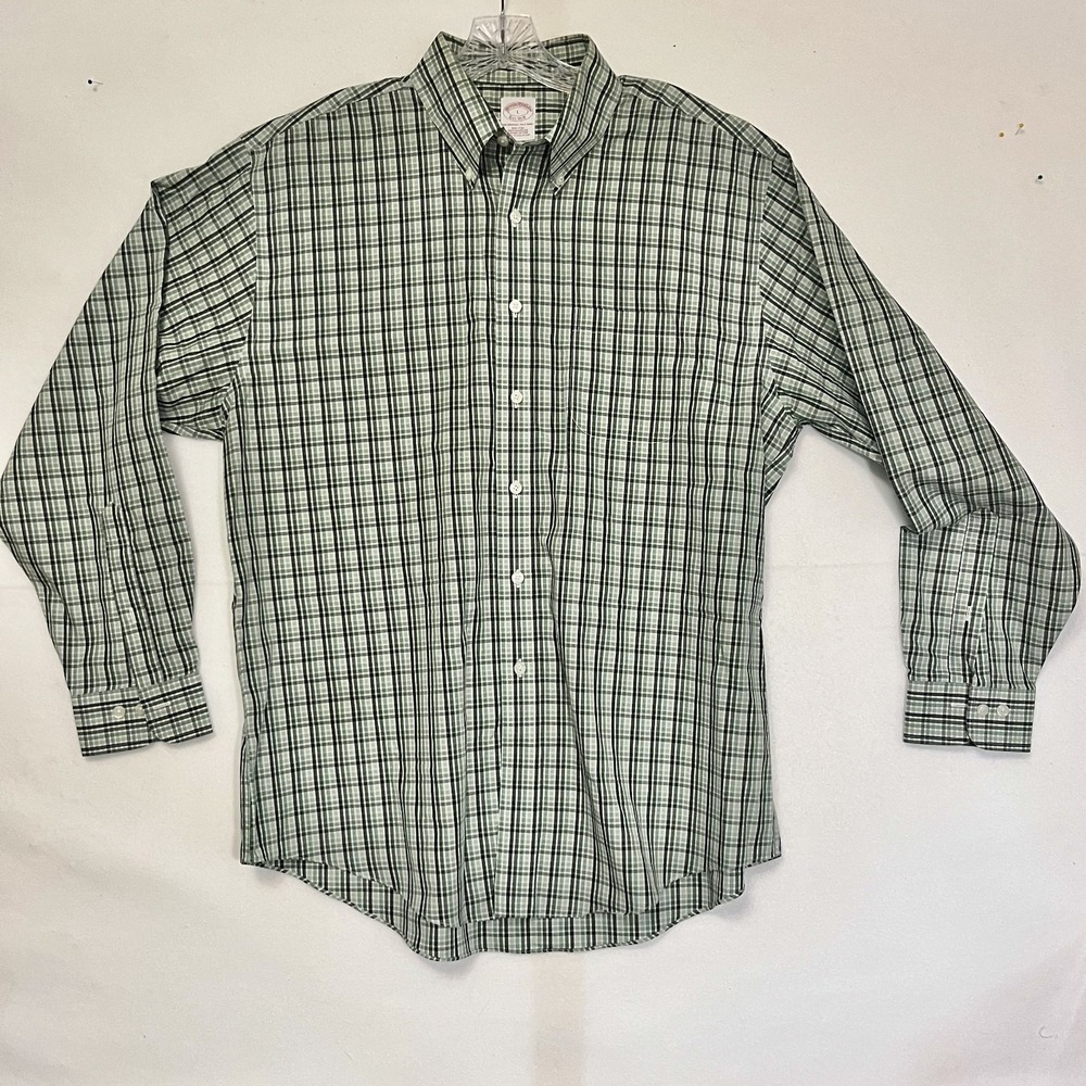 Brooks Brothers Mens Large Green Checked Supima Cotton Non-Iron Button Down